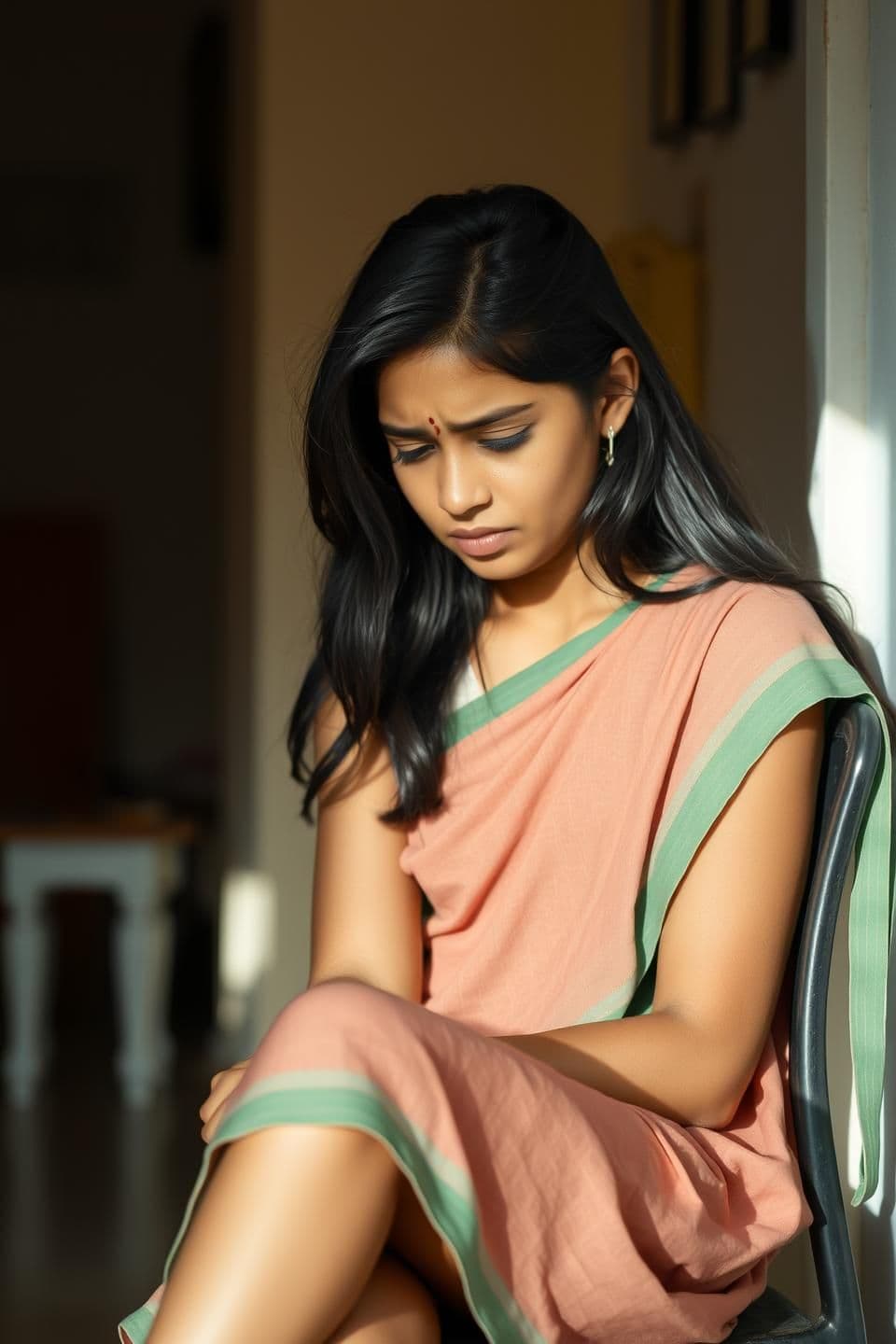 AI generated: Meera is sitting quietly, stressed about her college work. A young Indian girl sitting on a chair in a simple home interior, looking down with worry on her face. Natural morning li