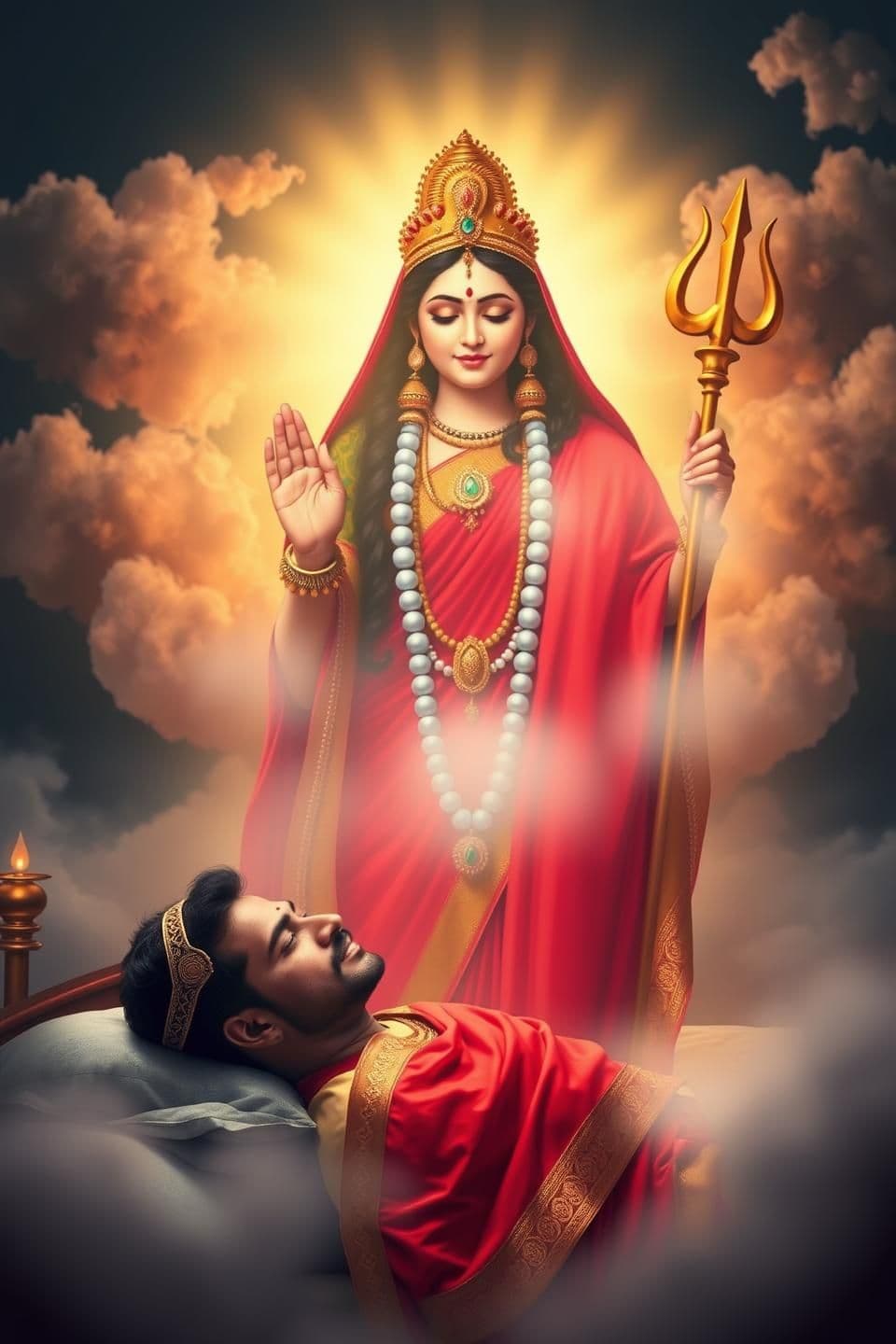 AI generated: Create a 9:16 dream-sequence video where the traditional Indian Santoshi Mata appears above the sleeping king. Santoshi Mata should look fully Indian—wearing a red saree with golde