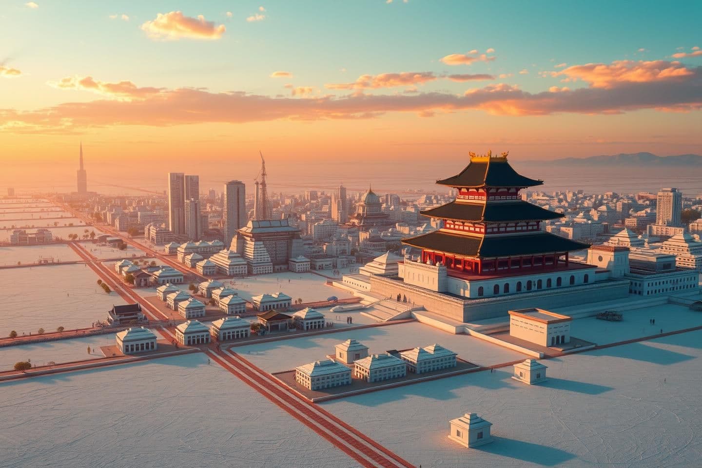 AI generated: Make an image of a massive city in a vast salt flat during sunset. This city should have modern buildings with slight hints of traditional Japanese architecture. Make sure it is li
