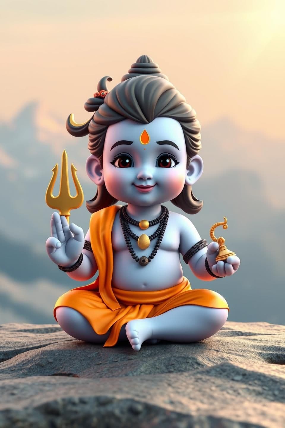 AI generated: A 3D cute baby version of Lord Shiva, small and adorable but fully respectful and divine, sitting in a gentle lotus pose with one leg slightly bent. Calm and serene expression, sli