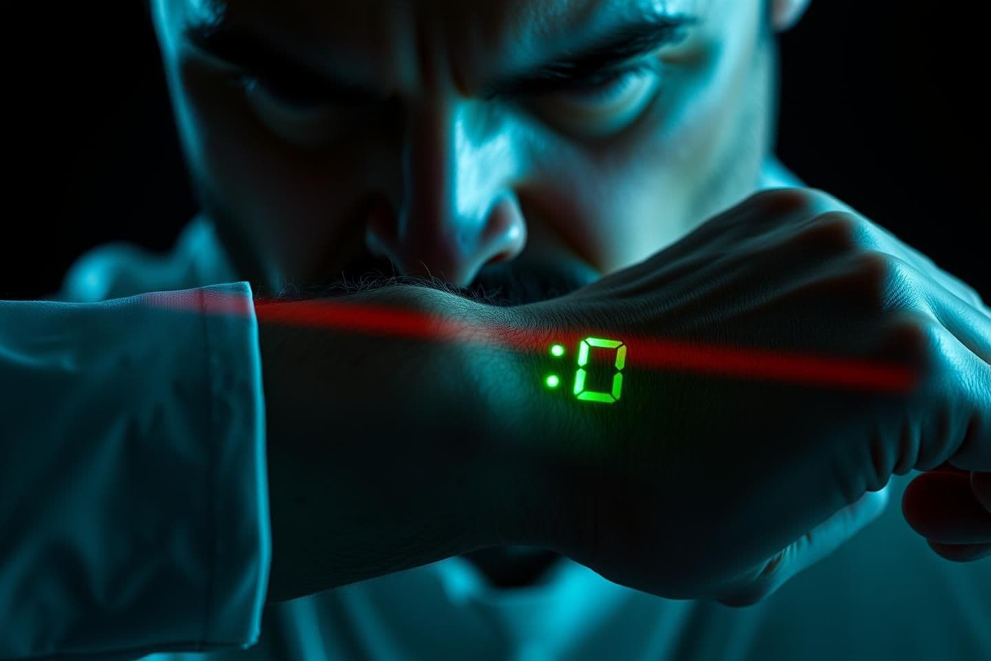AI generated: Close-up of a glowing green digital timer on a man’s wrist counting down to zero, dramatic shadows, high contrast, futuristic sci-fi style, intense expression, cinematic lighting,