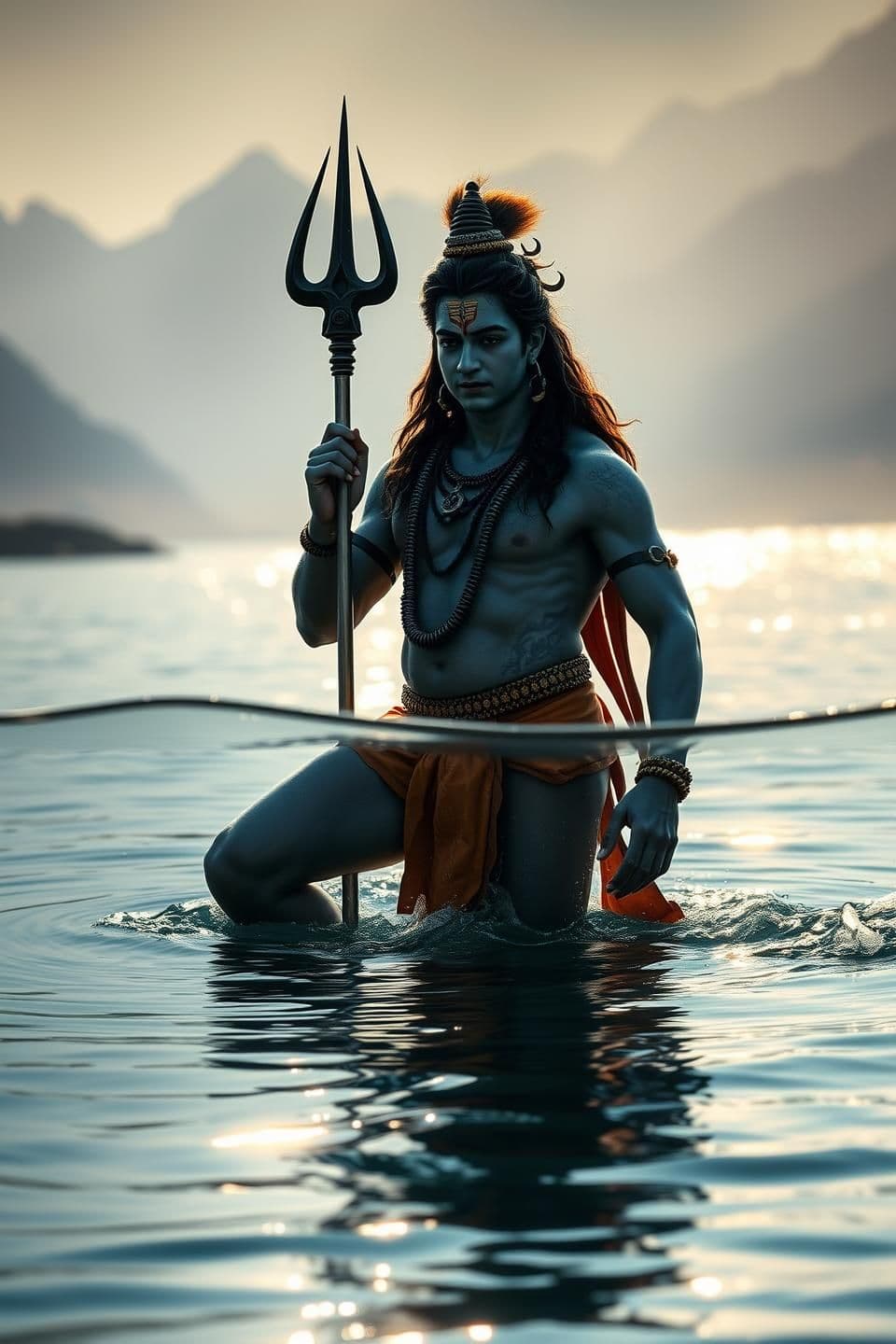 AI generated: Lord Shiva standing dynamically in the River Ganga — one leg forward, half body above water and half below, holding the Trishul diagonally so that its head just touches the water s
