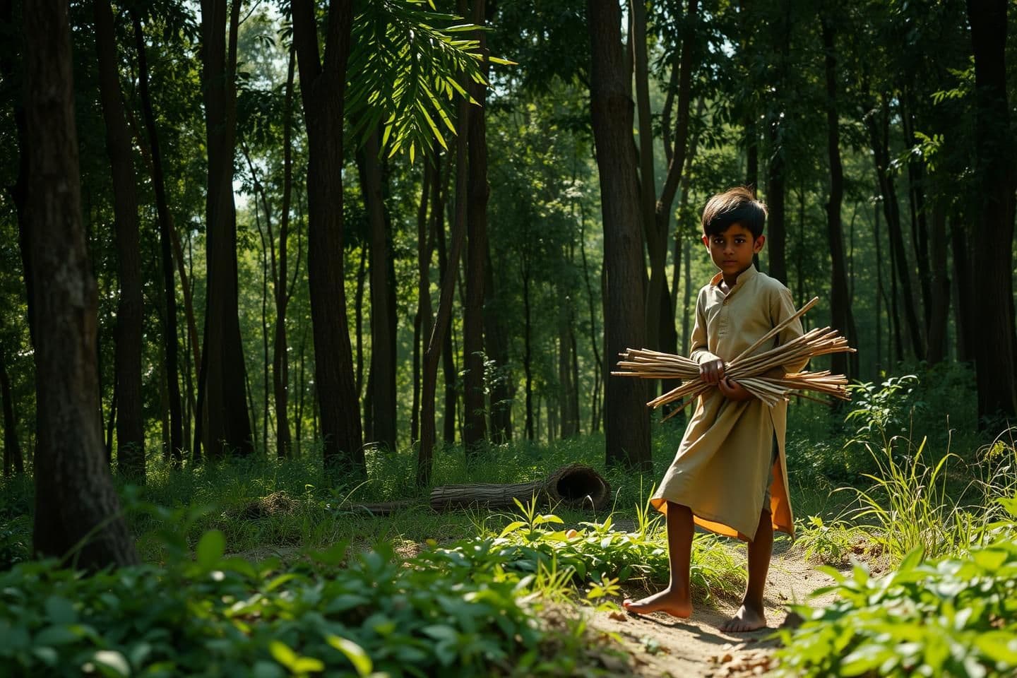 AI generated: An Indian village boy collecting firewood in a dense green forest, sunlight streaming through tall trees, a calm natural environment, the boy wearing simple traditional clothes, ba