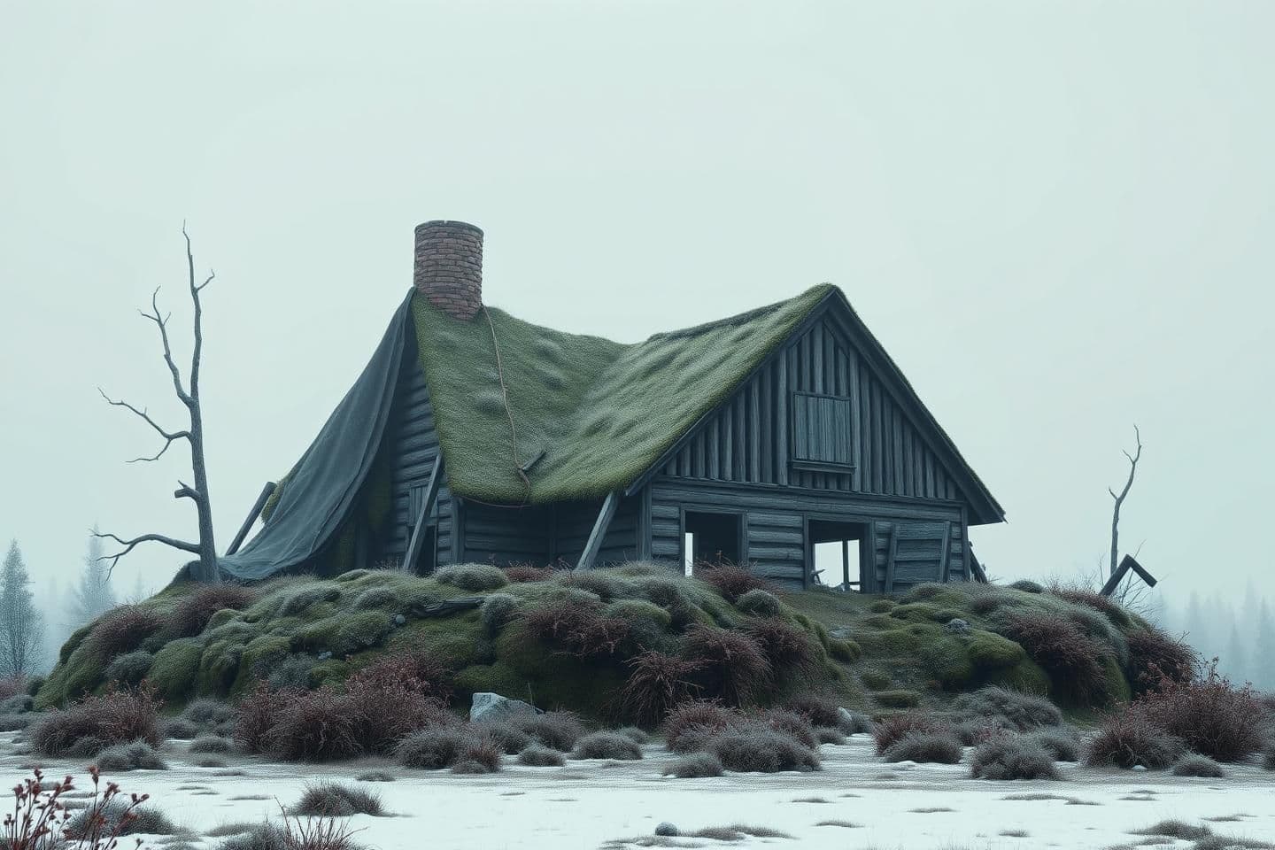 AI generated: A highly stylized 3D render of a remote, overgrown structure half-sunken into northern wilderness, its collapsed roof barely visible under moss and frost, with no characters presen
