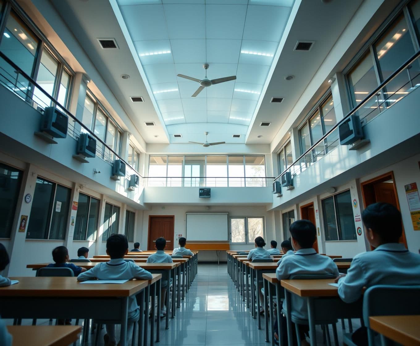 AI generated: Slow zoom-out of modern Indian school building with smart classrooms inside, daylight, inspirational music mood, 4k documentary feel with childrens requesting to politicians to giv