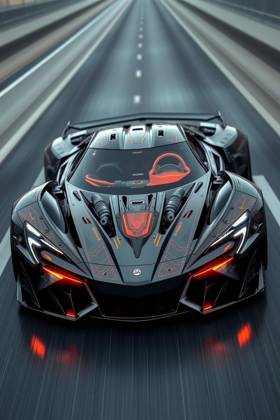 AI generated: Create a hyper-realistic futuristic supercar with extreme mechanical detailing, exposed tech layers, aerodynamic sculpted bodywork, and an aggressive low stance. The design should