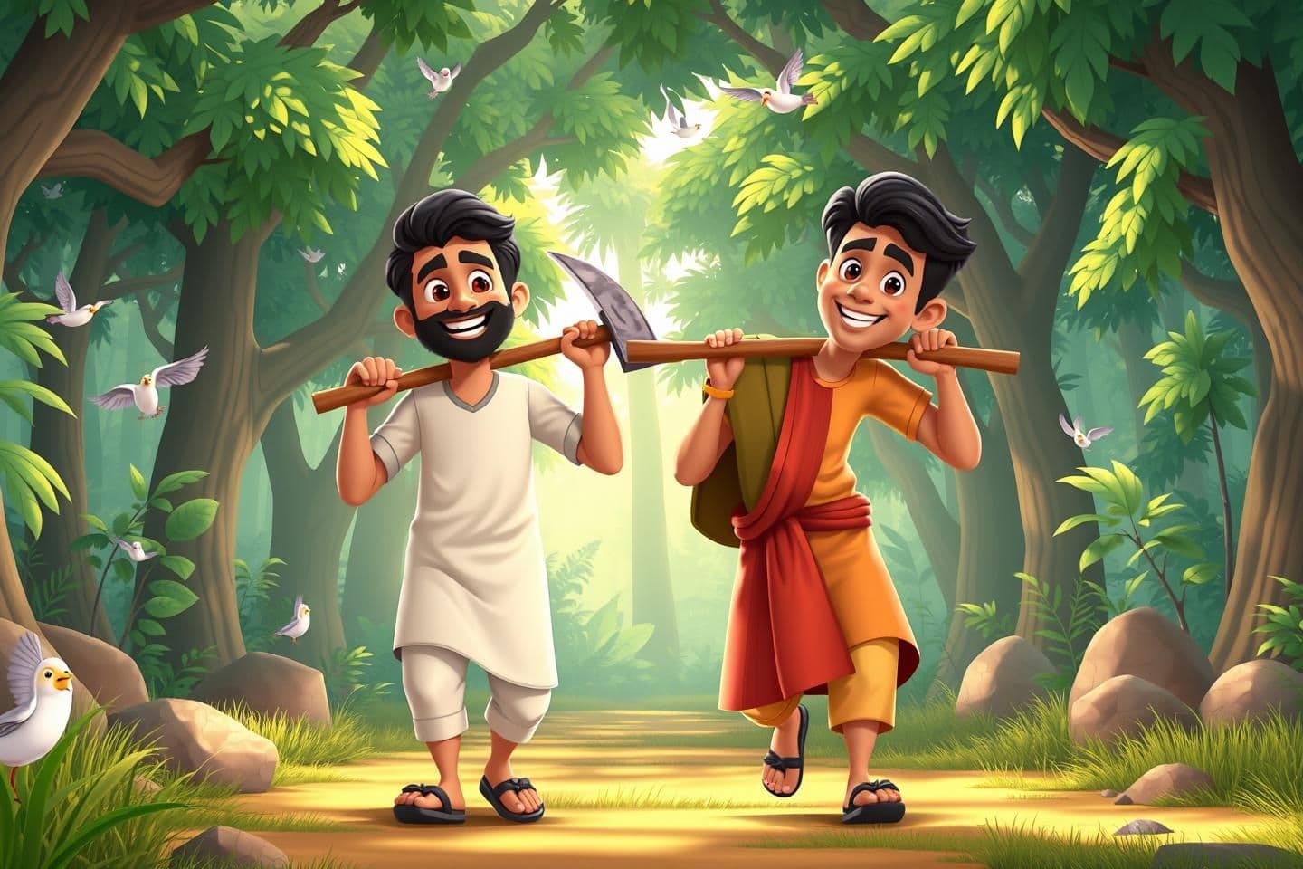 AI generated: Two young Indian men wearing simple village clothes (kurta and lungi), carrying axes on their shoulders, walking together happily through a green forest with birds and sunlight shi