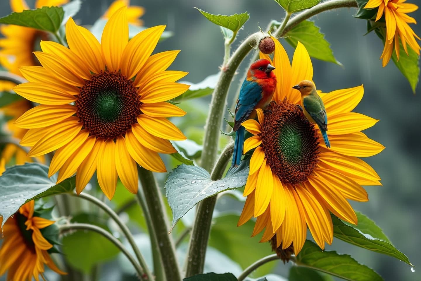 AI generated: A realistic, vibrant, sunflower plant with lush warm green leaves and several large blooming warm black -yellow flowers, a love shaped large bud red hanging downwards from ste