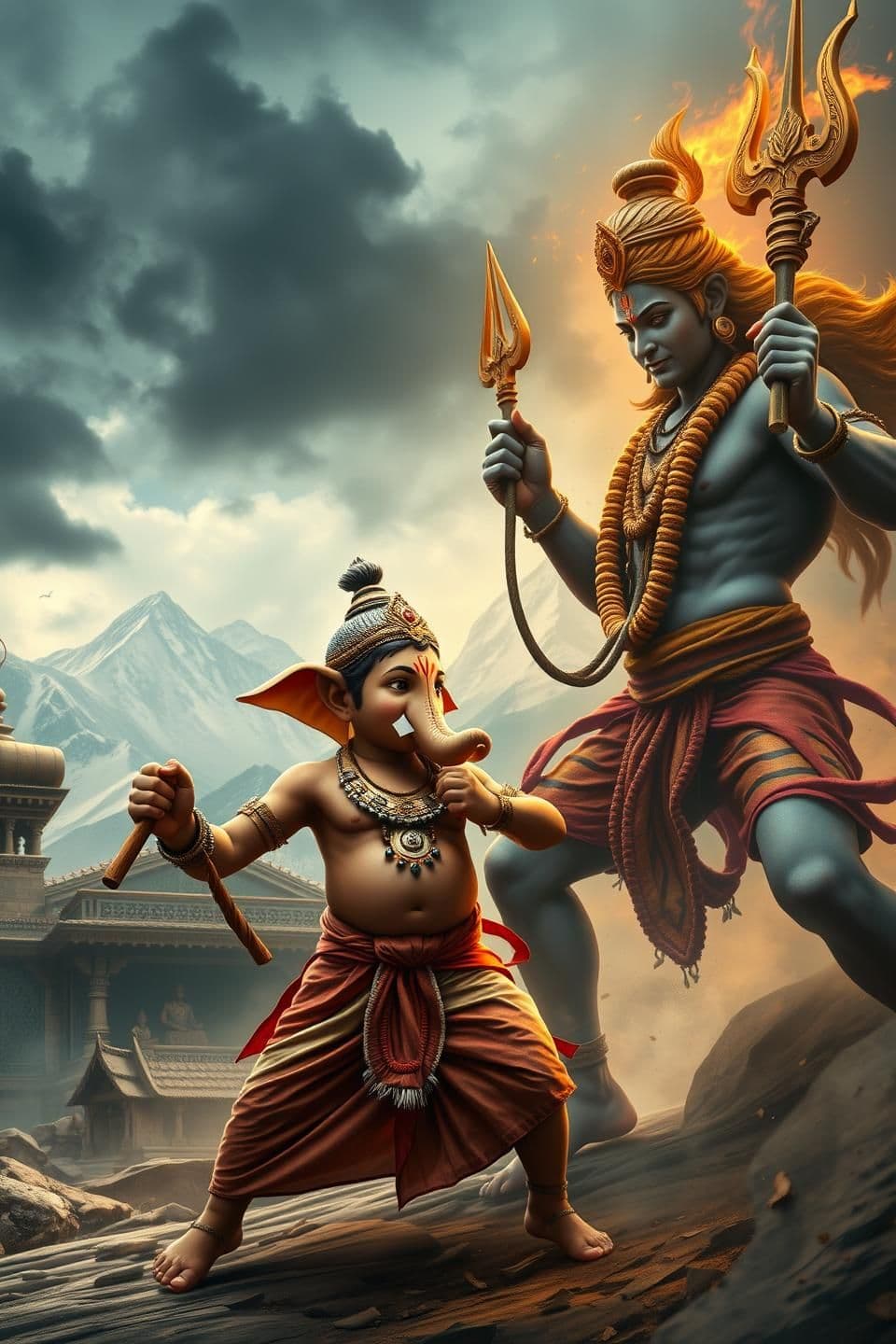 AI generated: 9:16 realistic vertical image showing young human form Lord Ganesha, simple dhoti and sacred thread, bravely holding a stick as a weapon, facing Lord Shiva in tiger-skin attire hol