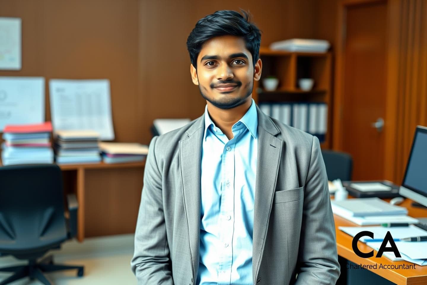 AI generated:
“A 24-year-old Indian male in a professional siting, wearing a formal light-blue or white shirt with a blazer. The background shows an auditor’s workspace with files, ledgers, sp