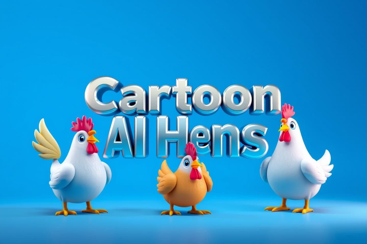 AI generated: Create a 1280×720 YouTube thumbnail in 3D cartoon style. Bright blue background, vibrant lighting. Show cute 3D cartoon hens with slight futuristic AI details (glowing lines, soft