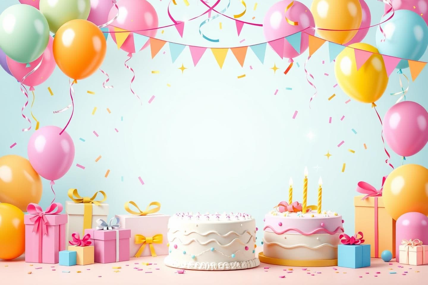 AI generated: A cheerful and colorful birthday party invitation design featuring festive decorations such as balloons, confetti, streamers, and a beautifully decorated birthday cake with candles