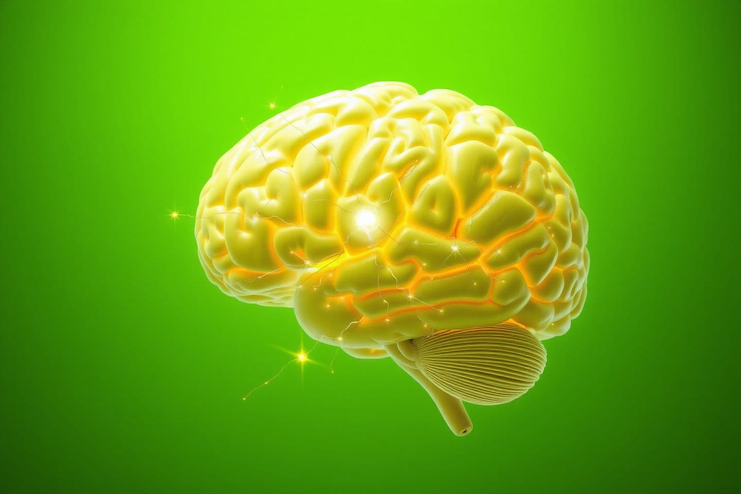 AI generated: A 3D anatomical render of the human brain floating against a pure green background. Neurons and synapses glow brightly, with electrical signals traveling between them, symbolizing