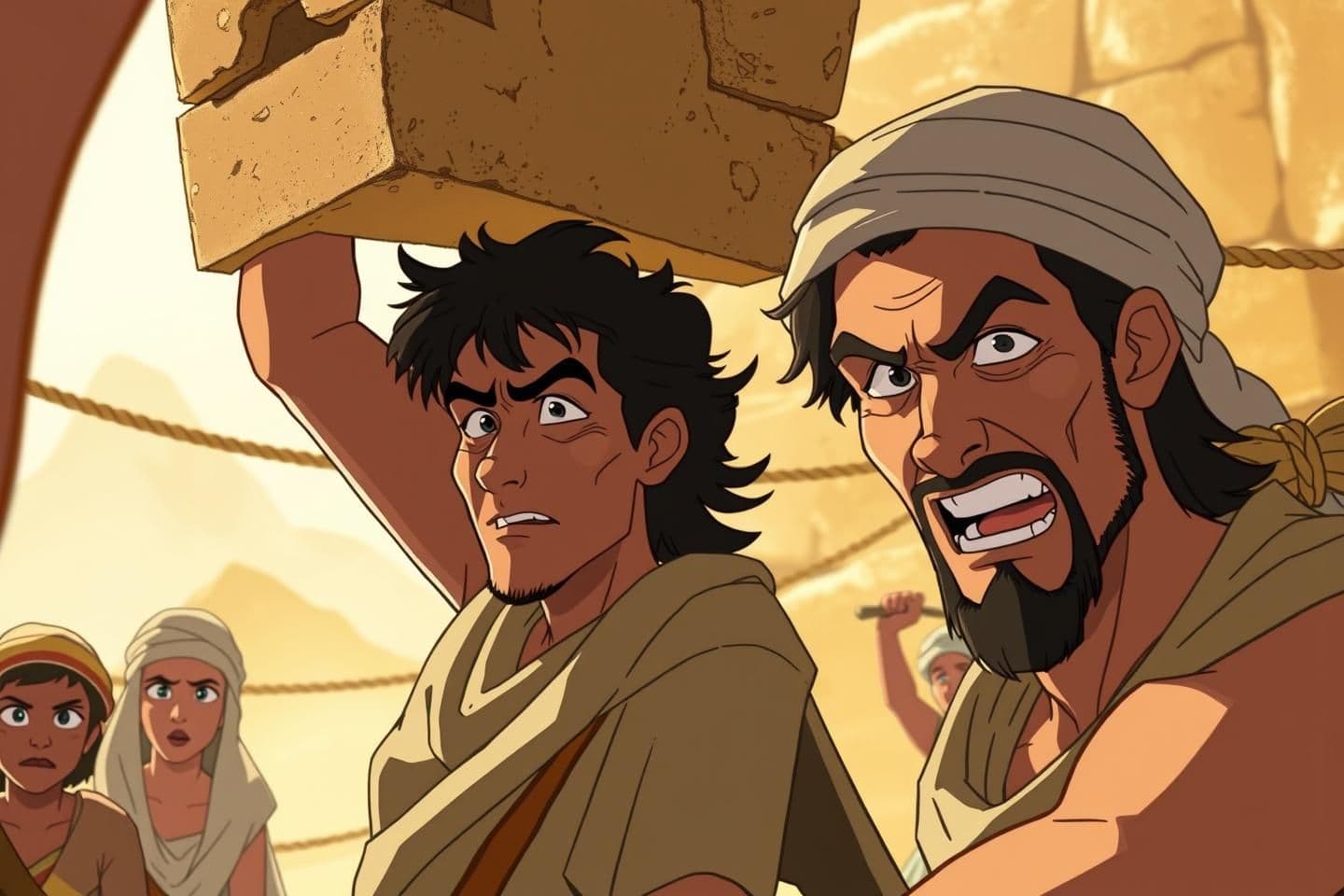 AI generated:
# 🎨 **Closer & Emotional Shot — Prince of Egypt Pure Hand-Drawn Style**
### (10–15 Workers — All Working — Emotional Focus)
**“A close-up, deeply emotional, fully hand-drawn 2D