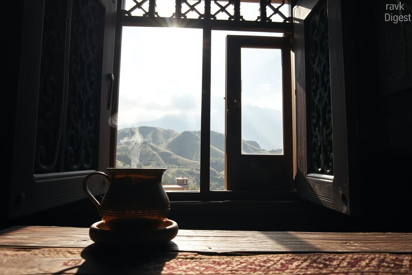 AI generated: POV shot from inside a rustic Tibetan home looking out a carved wooden window frame. In the immediate foreground, a weathered wooden table with a steaming copper cup of butter tea
