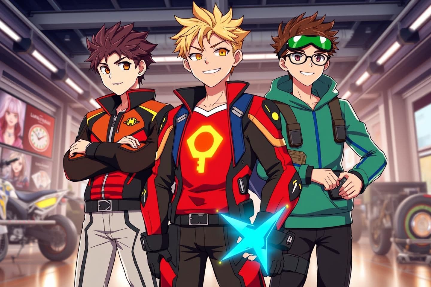 AI generated: "Anime character lineup art, clean style. Three teenage boys as heroes: 1. AYAN (central leader): wears a red and black biker jacket, glowing orange eyes, has a motorcycle key symb