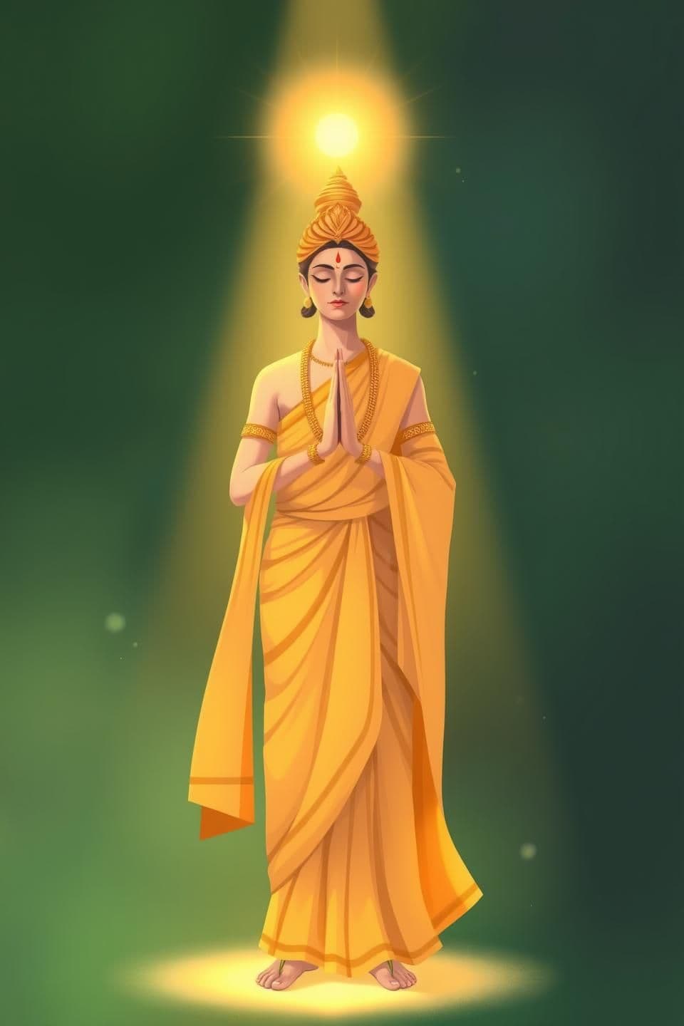 AI generated: A 9:16 divine Indian-style illustration showing a single graceful character (Ratnakar or a symbolic devotee) standing with folded hands, soft golden divine light focused only on th