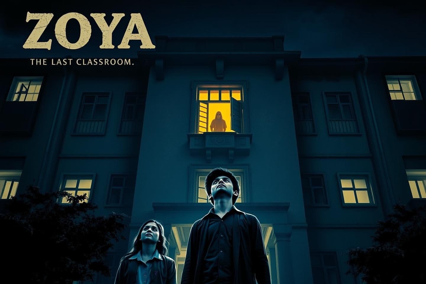 AI generated: Title: Movie Poster for "ZOYA: THE LAST CLASSROOM"
Style: High-quality, cinematic horror poster with a vintage 1970s Indian aesthetic. Dark, moody, and atmospheric.
Visuals & Set