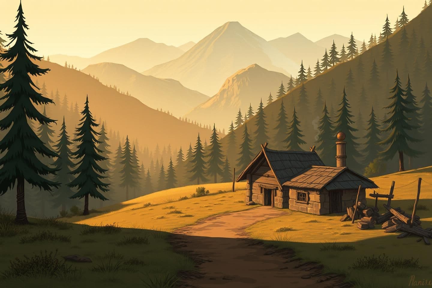 AI generated: Scene 01 — A remote village between hills and forests (dawn).
Prompt: Wide establishing shot of a tiny village nestled between dense pine forests and high hills at early dawn; smok