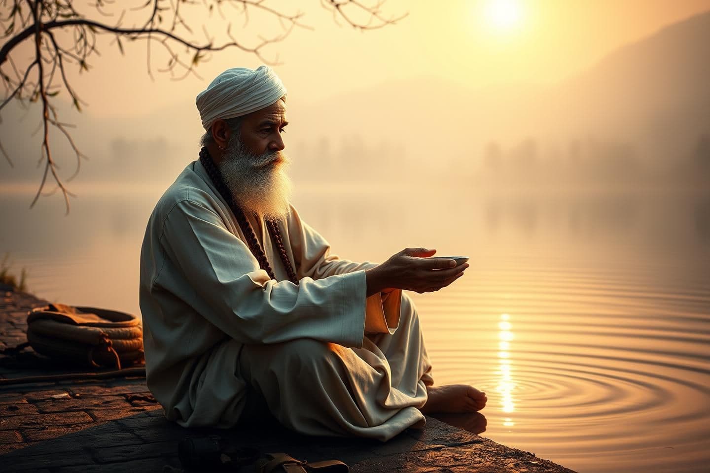 AI generated: “A serene and respectful scene of Hazrat Khawaja Moinuddin Chishti in a peaceful lakeside setting. He is sitting with calm dignity, holding a small traditional bowl (katora) and ge