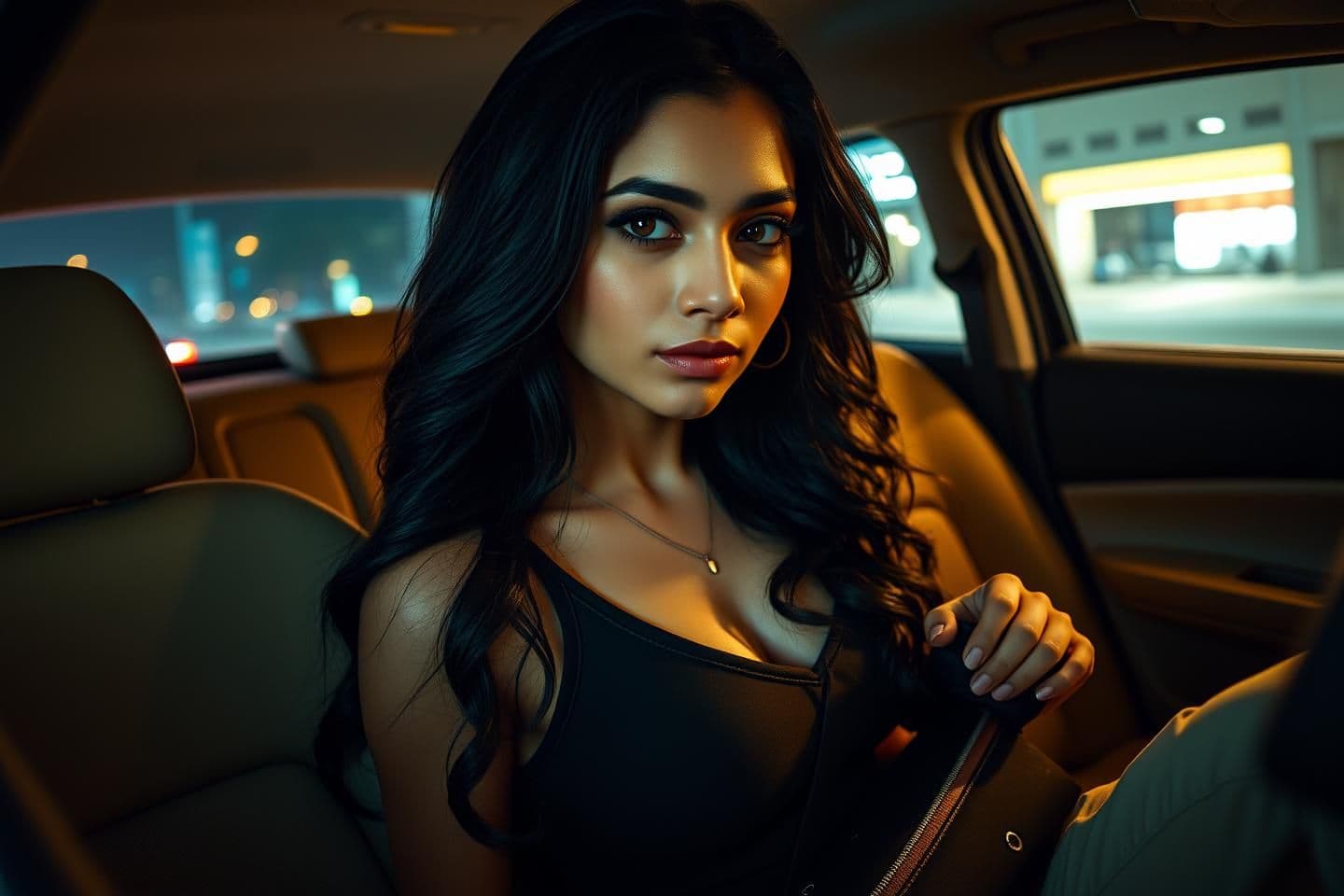 AI generated: mystical forest elf portrait -A highly detailed, realistic photograph of a young South Asian woman with long, wavy black hair cascading over her shoulders, sitting in the passenger