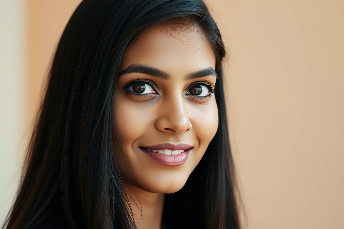 AI generated: beautiful Indian woman in her late 20s with expressive almond-shaped brown eyes, long silky black hair, graceful posture, and an intelligent yet dreamy expression. Her face is oval