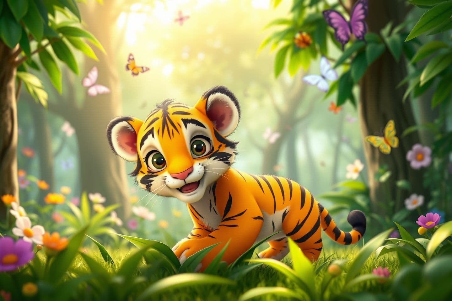 AI generated: Cute 3D cartoon jungle scene, bright green forest with tall trees, colorful flowers, butterflies flying, soft morning sunlight, small adorable tiger cub with orange fur and black s