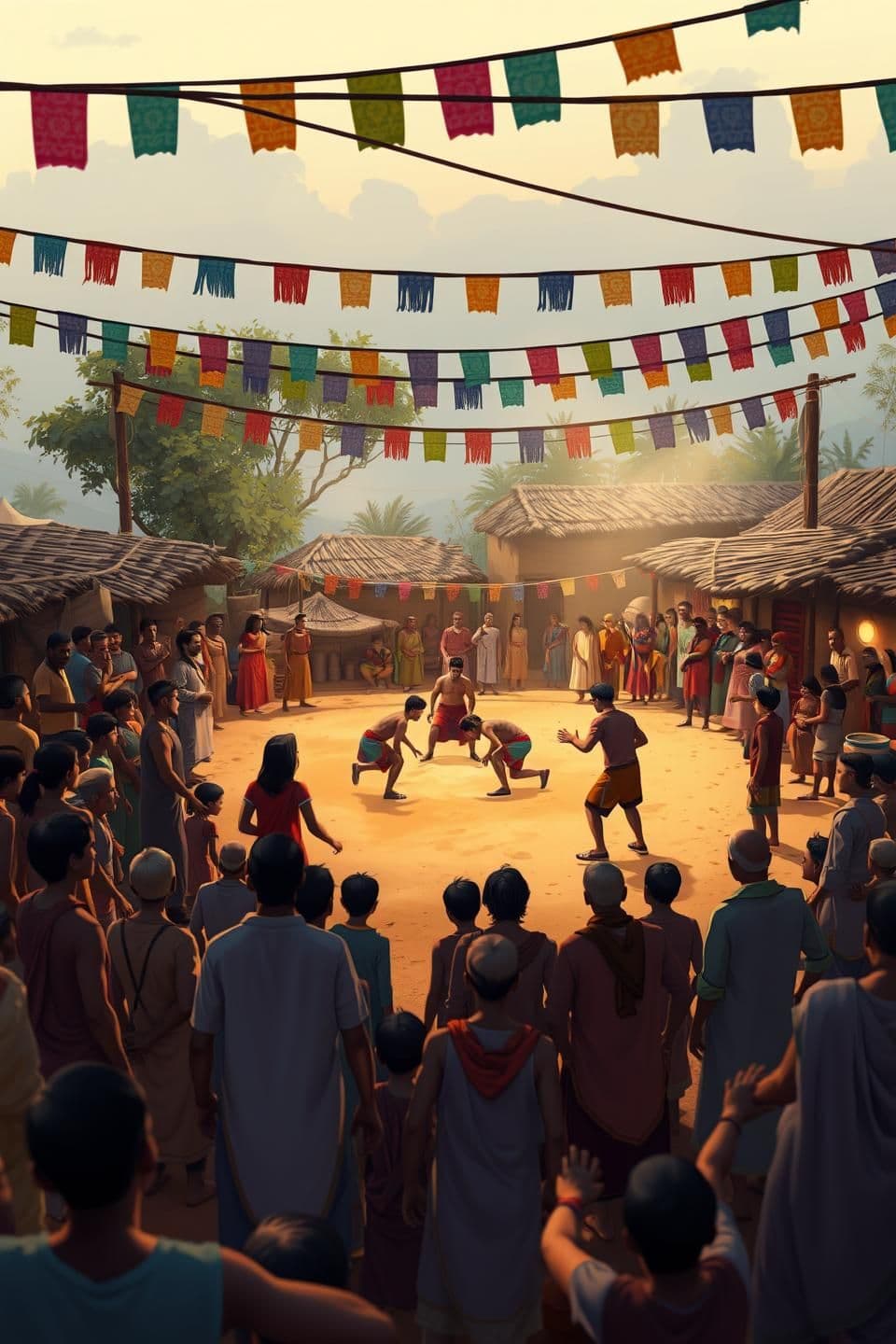 AI generated: A small village scene with a traditional akhada (wrestling arena). Many villagers standing around in excitement, wearing simple rural clothes. Dusty ground, soft evening light, col