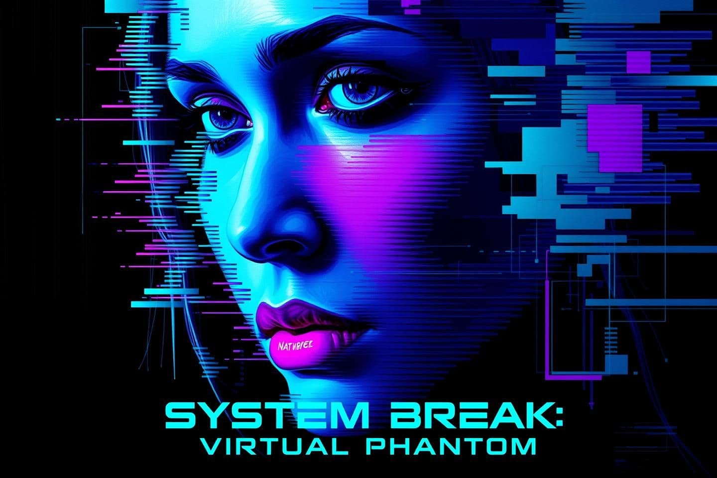 AI generated: Image is a digital artwork with a cyberpunk style, featuring a fragmented and glitchy portrait of a person. The layout is vertical, with the subject's face occupying the central po