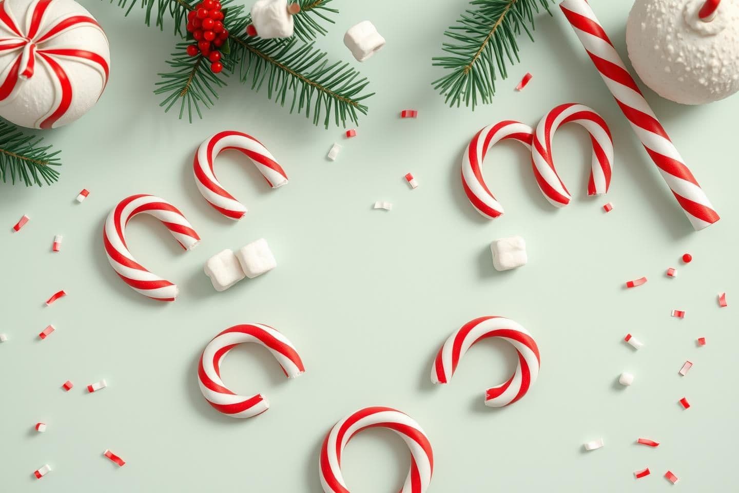 AI generated: Photorealistic playful Christmas flat-lay background on pastel mint surface: candy canes arranged like smiley faces, tiny marshmallows “eyes”, sprinkled confetti like snow, soft st