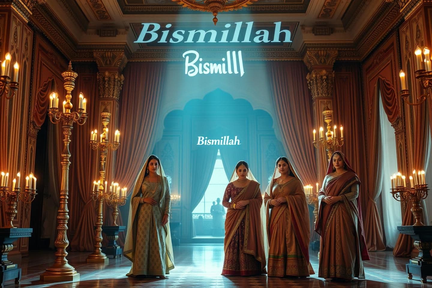 AI generated: A stunning Mughal palace interior, golden candelabras, silk curtains, Gulbadan Begum, Rukhaya Begum, Nur Jahan, Jahanara, Jahanara, and Jahanbano standing together, serene faces, i