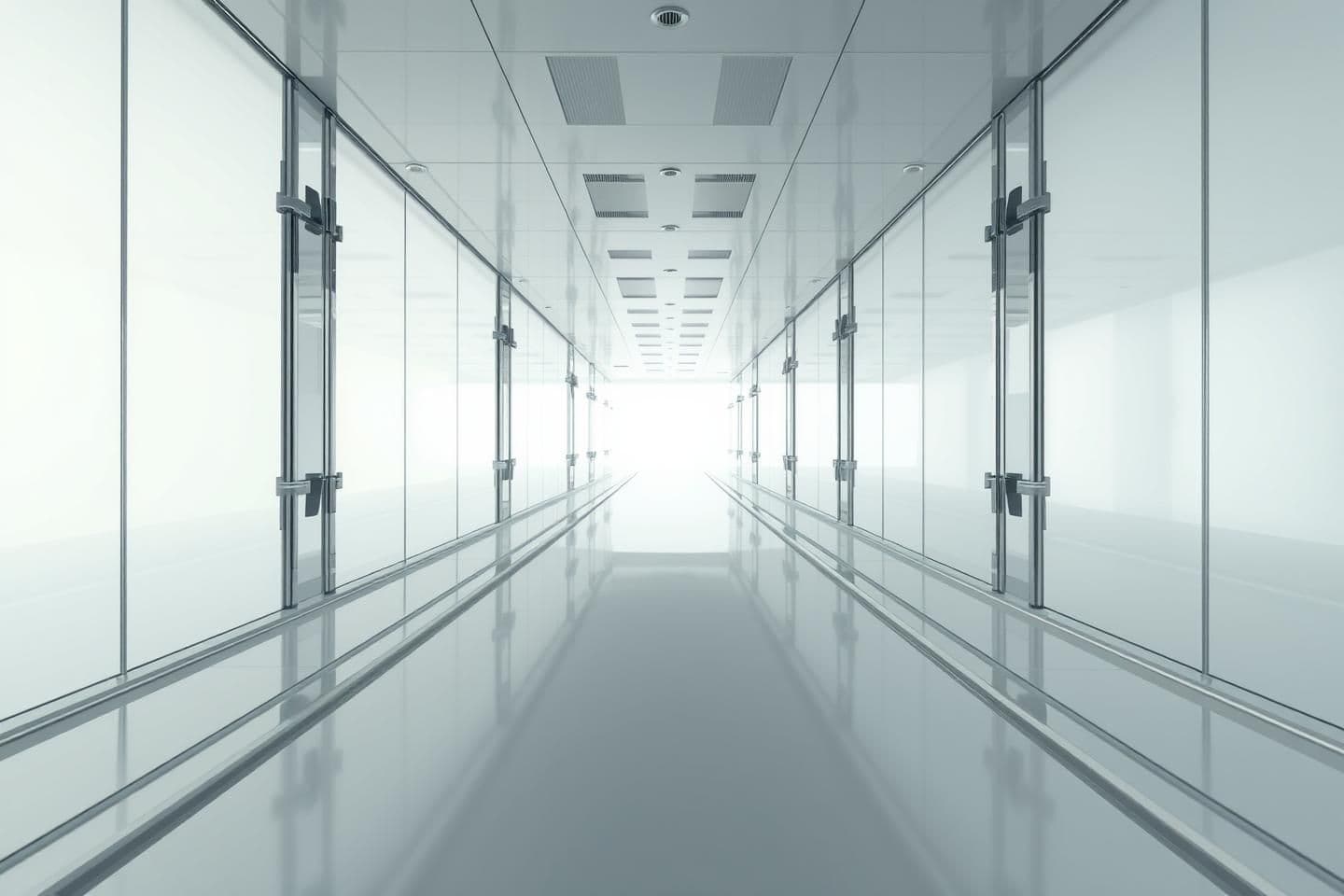 AI generated: A highly stylized 3D render showing a pristine corridor made of glass and chrome stretching into white fog, illuminated by bright, sterile daylight from an unseen source, backgroun