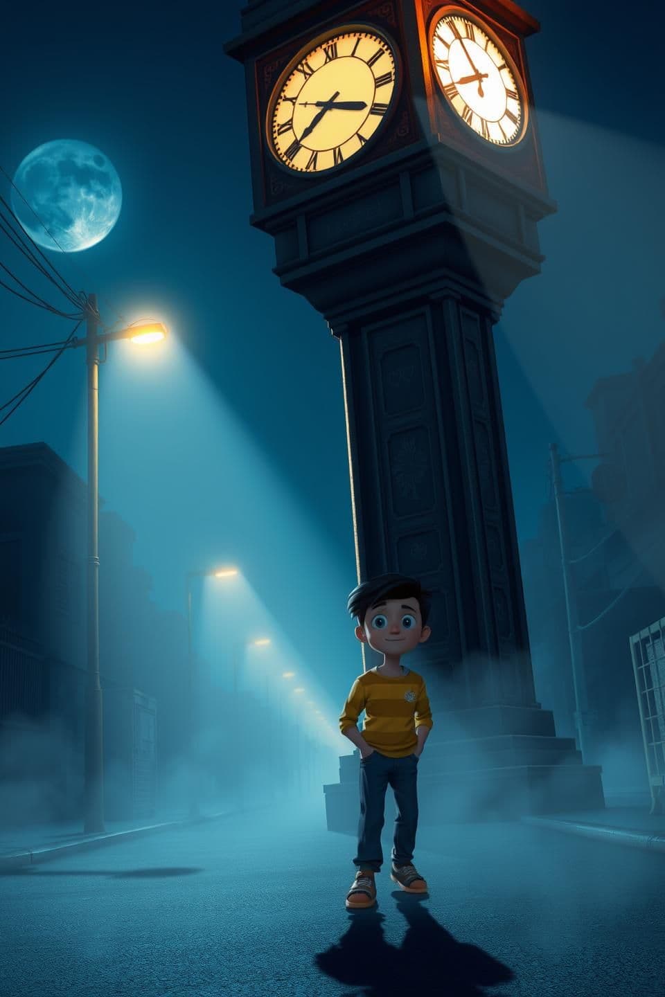 AI generated:
A lonely midnight scene beneath an old Indian clock tower, 3D cartoon horror style. Time is exactly 12:00 AM, the clock tower showing midnight. A young Indian boy walking slowly u