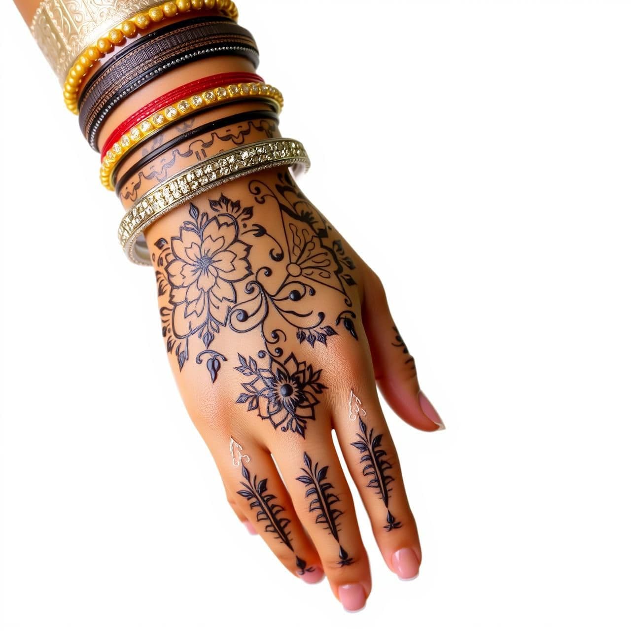 AI generated: "Generate an artistic AI-style image of the bridal arm of an Indian bride named Heena, shown from fingers to elbow. The arm features unique, modern-meets-traditional mehndi (henna)