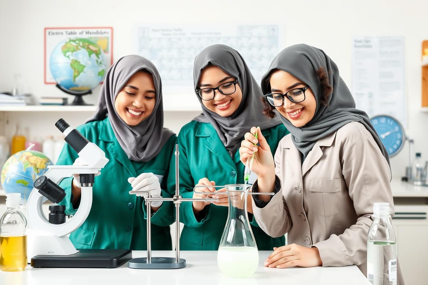 AI generated: Three female students wearing school hijabs and school coats in a science laboratory, smiling happily. The student on the right has curly hair partially visible from her hijab, gla