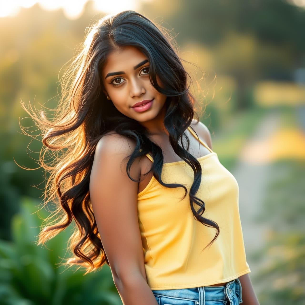 AI generated: “21-year-old Indian girl outdoors in soft golden sunlight, long black wavy hair blowing gently, warm glowing skin, expressive eyes, wearing a pastel yellow top and jeans, standing