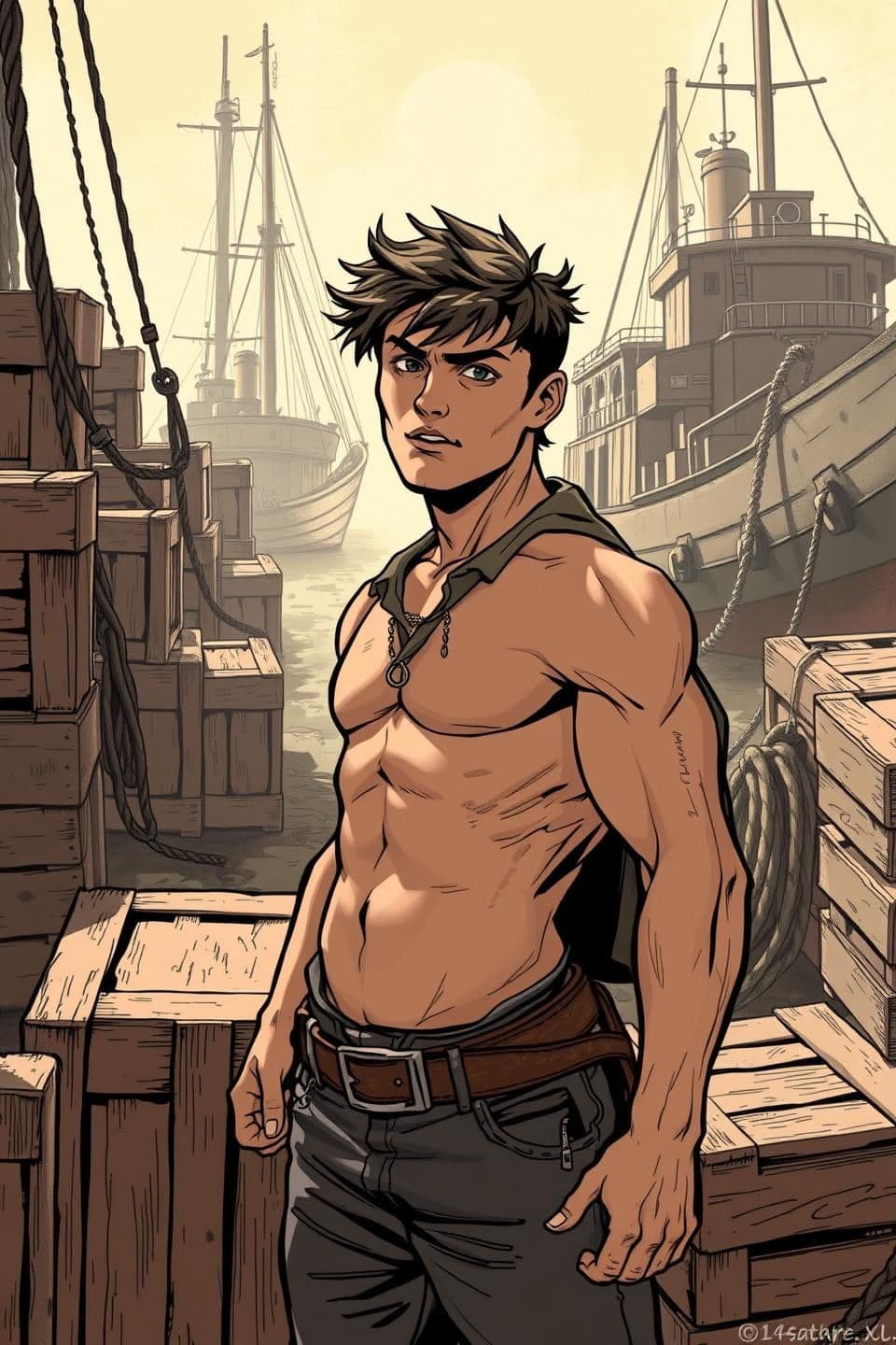 AI generated: “Seventeen-year-old Dax stands in a gritty harbour scene, illustrated in bold Western comic style with strong linework and dramatic shadows. He has the physique of someone who’s w