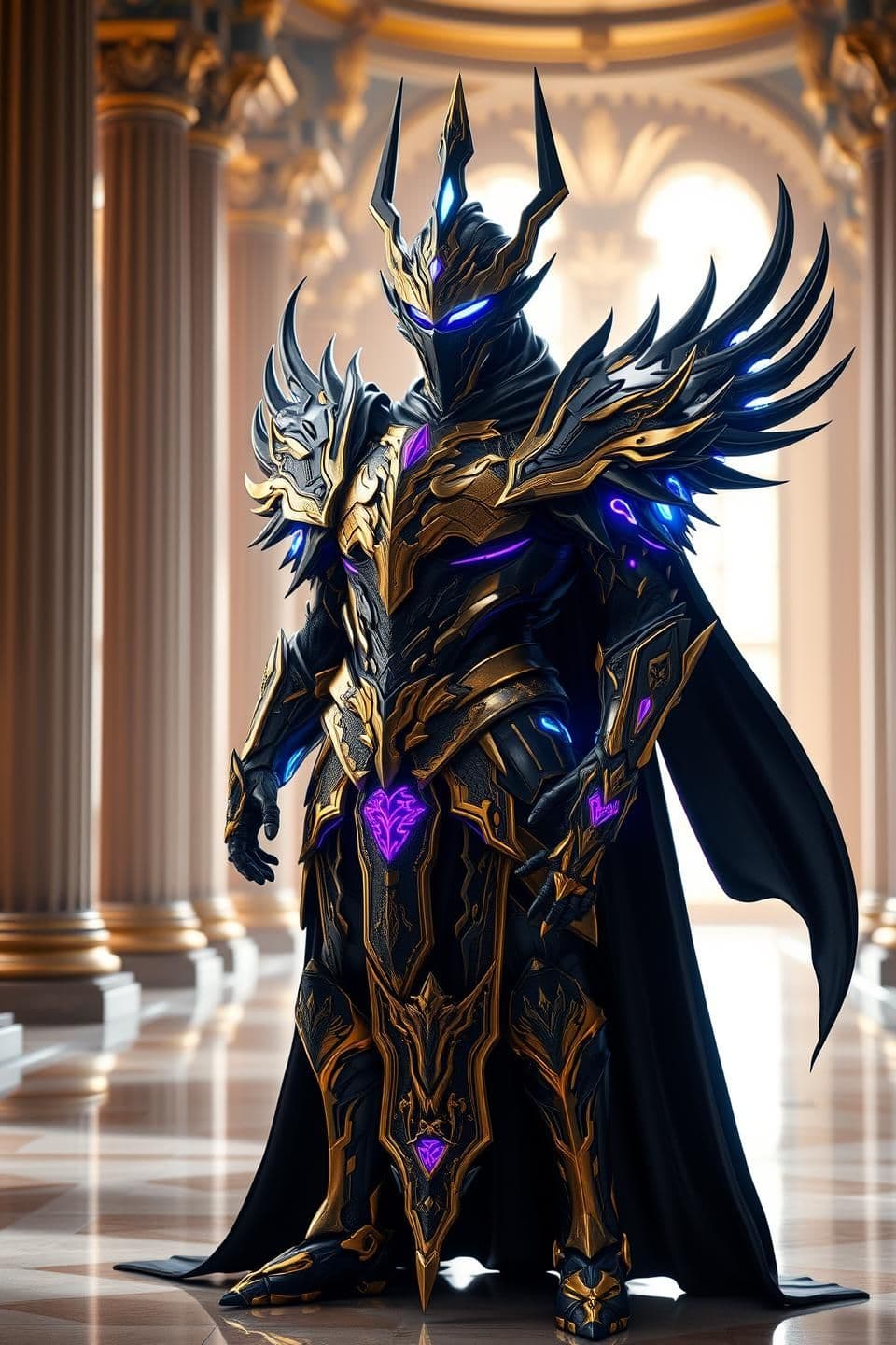 AI generated: Create a hyper-detailed, full-body portrait of a majestic armored warrior standing in a grand hall. The armor is a complex fusion of black obsidian metal and radiant gold plating,