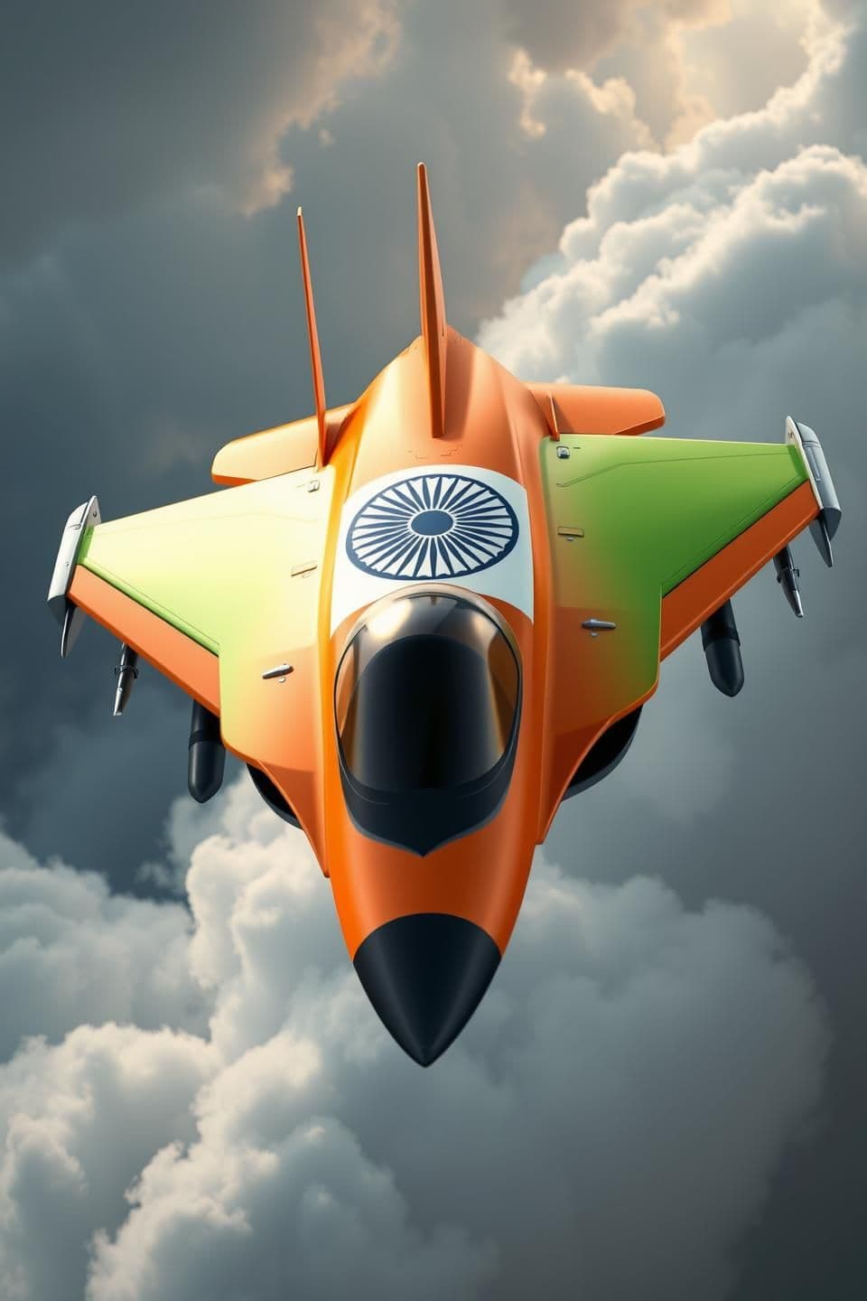AI generated: 3D cartoon Indian-style animation, Pixar + Indian mythology vibe, high quality, soft cinematic lighting, kid-friendly but powerful look, modern fighter jet painted only in Indian f