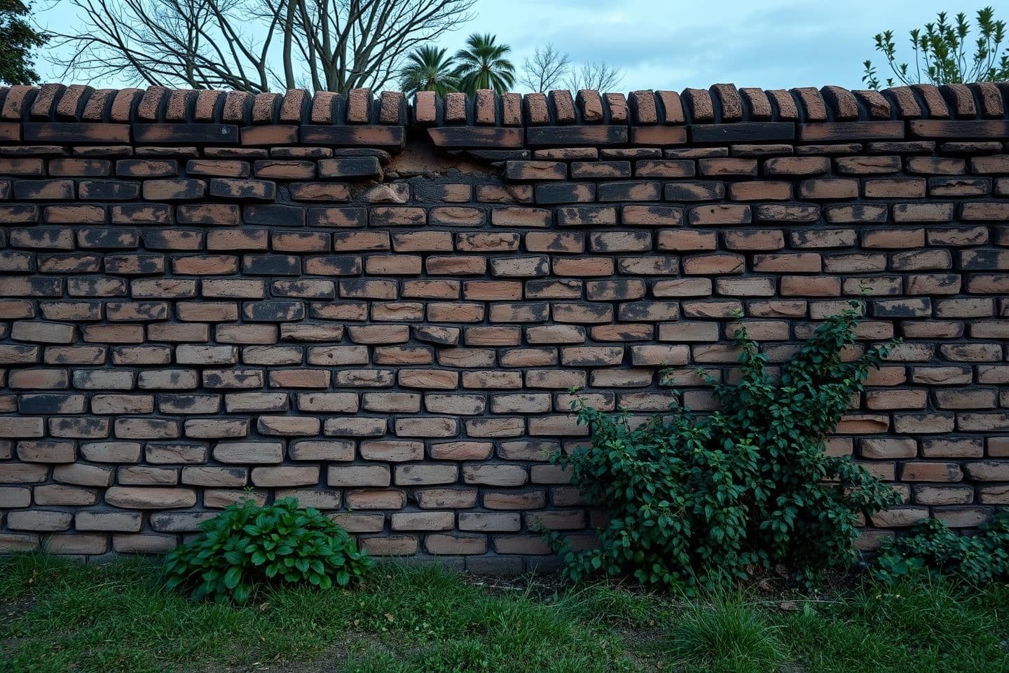AI generated: create a front view image of olden days period traditional rock brick straight fencing wall with dark evening effect in which the walls had a large cracks and broken at some place
