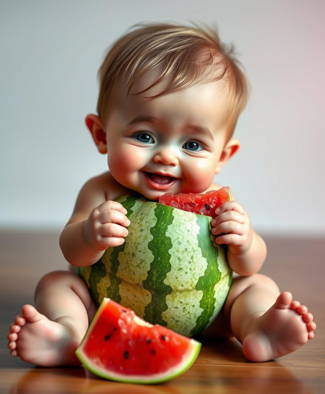 AI generated: A cute baby boy sitting like a human, but his body is shaped like a watermelon. The watermelon has natural green stripes and a soft texture. The baby watermelon boy is sitting on t
