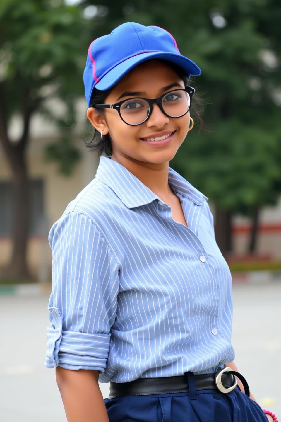 AI generated: A young woman, likely in her early eighteens , of Indian descent, is positioned slightly off-center in the frame, facing the viewer with a subtle smile. She is looking directly int