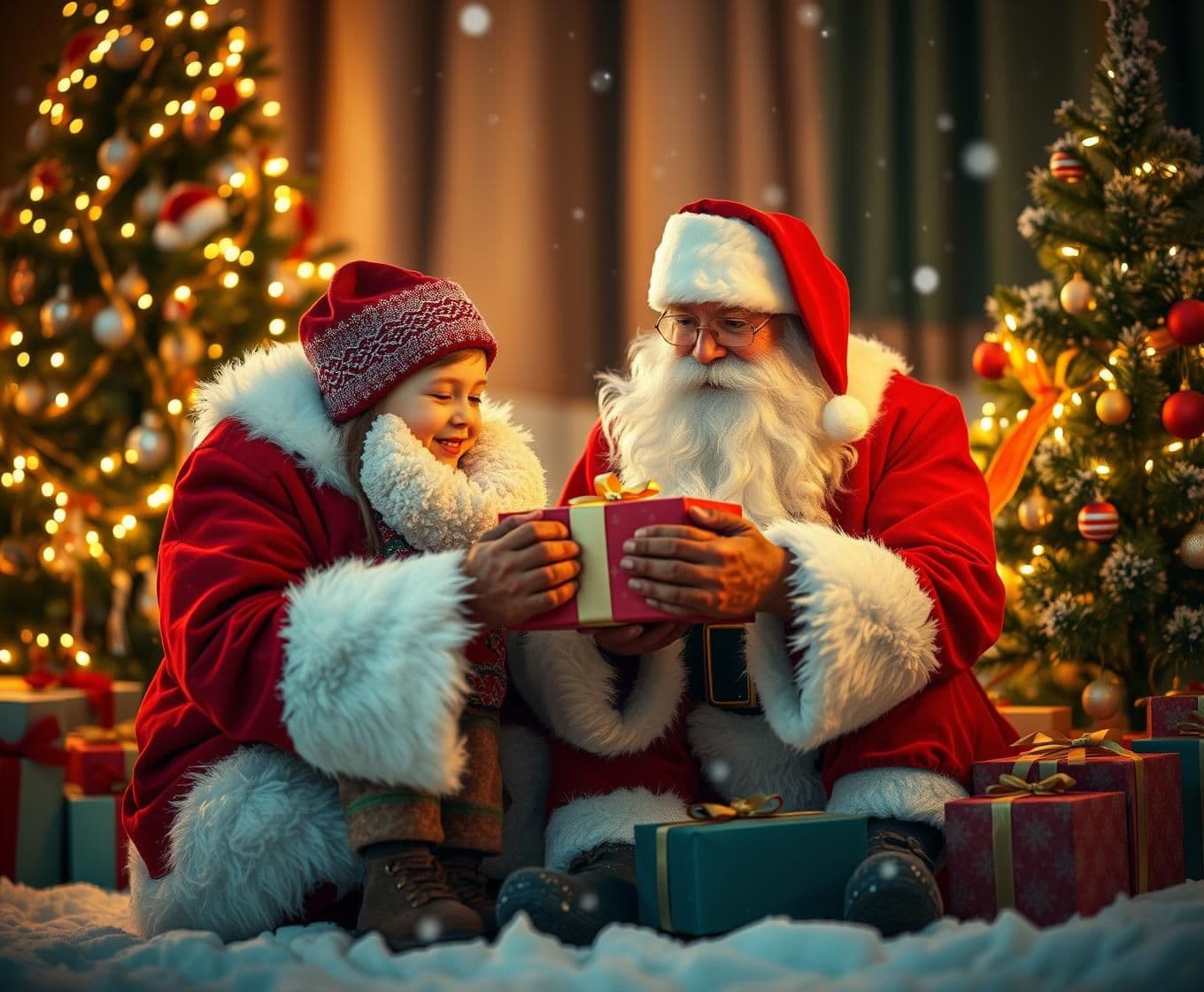AI generated: A realistic Christmas scene featuring Santa Claus in a classic red suit with a white beard, warmly smiling as he gives a gift to a young child. The child looks happy and excited, w