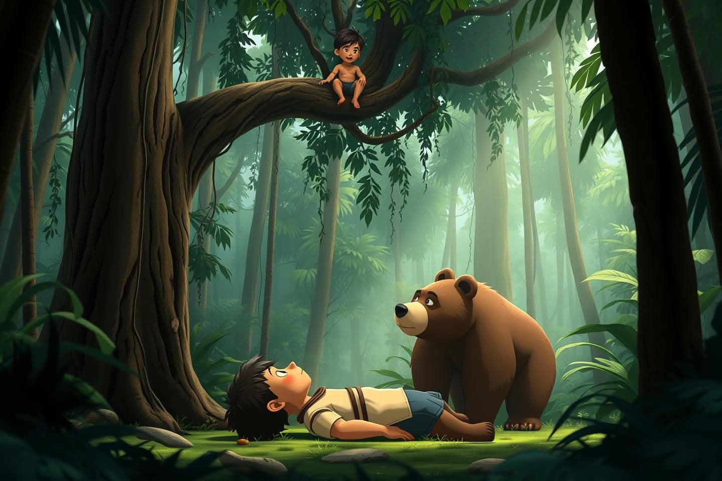 AI generated: “Cinematic 16:9 scene inside a dense green jungle. A tall tree with a high thick branch, and a 15-year-old Indian village boy sitting on the branch, scared and looking down. On the