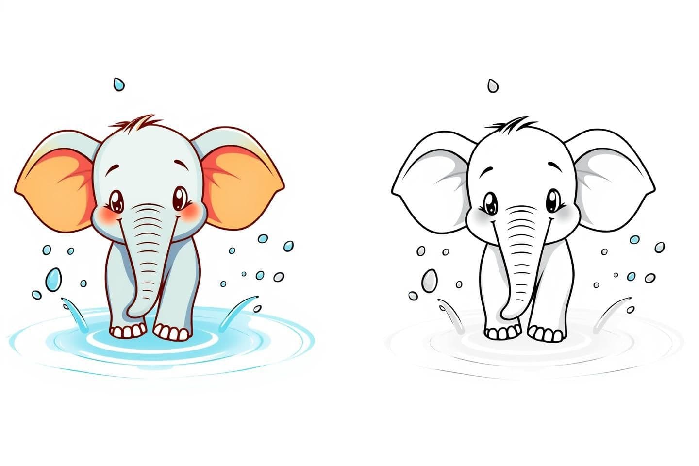 AI generated: Generate an image with a colored illustration of 'cute elephant splashing water' on the left side, and the same illustration in a black-and-white outline on the right side. Include