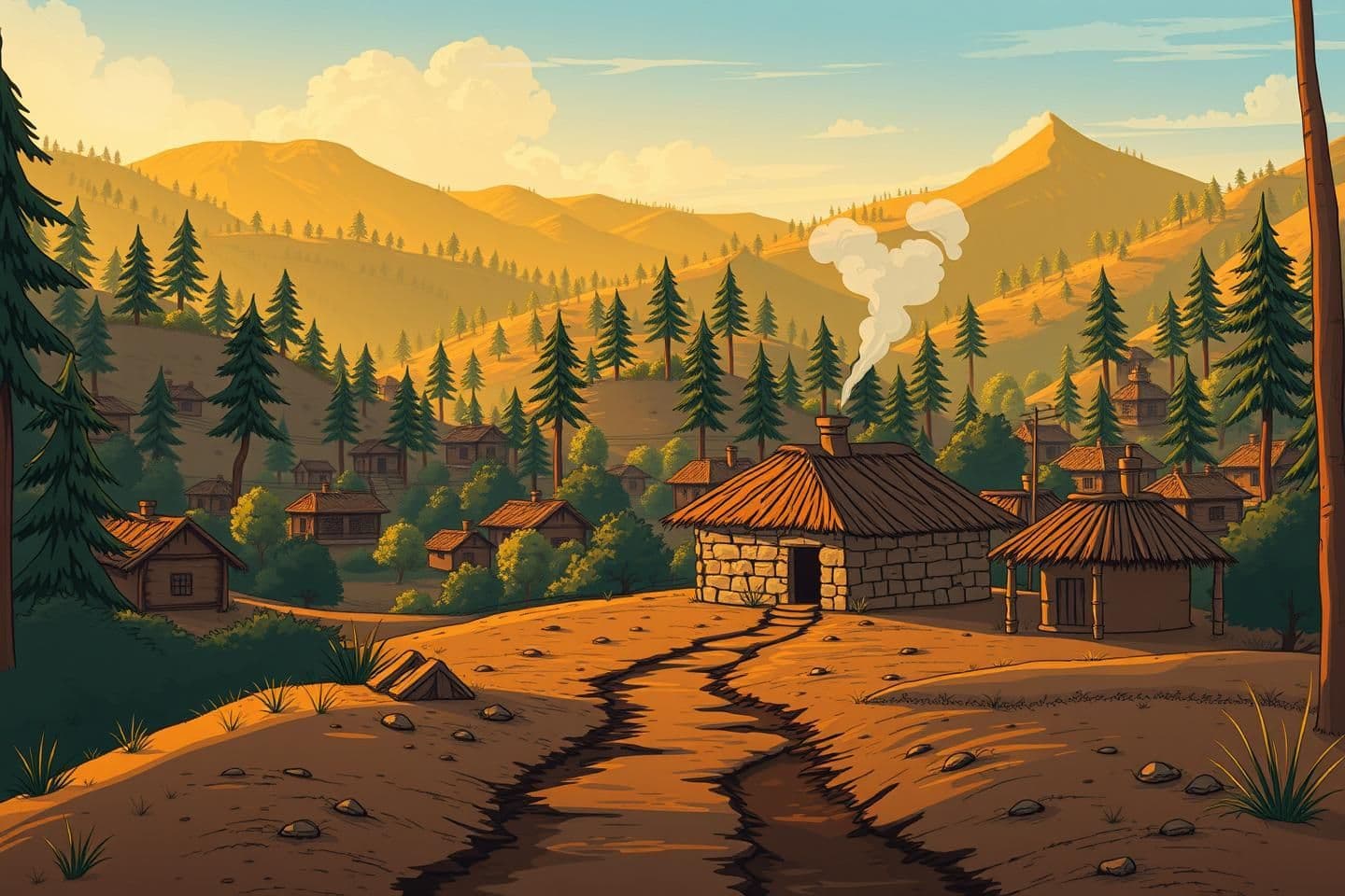 AI generated: Create a unique image for My yt channel on "cartoon stories" in indian design with the highlight text Scene 01 — A remote village between hills and forests (dawn).
Prompt: Wide est