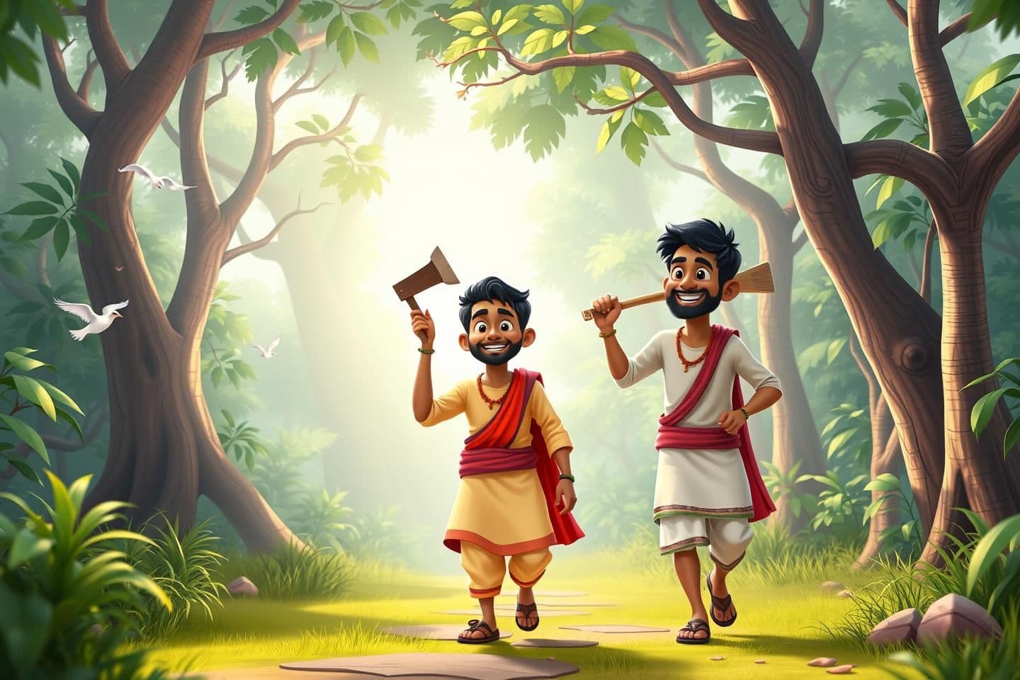 AI generated: Two young Indian men wearing simple village clothes (kurta and lungi), carrying axes on their shoulders, walking together happily through a green forest with birds and sunlight shi
