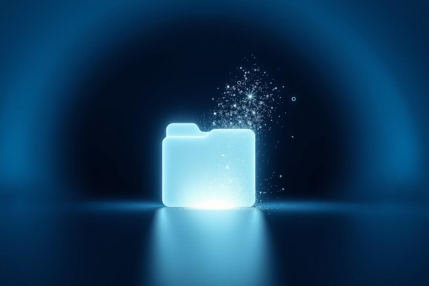 AI generated: A highly stylized 3D render showing a glowing white file folder slowly dissolving into light particles inside a dim, infinite void, lit with soft, cold blue light fading to black,