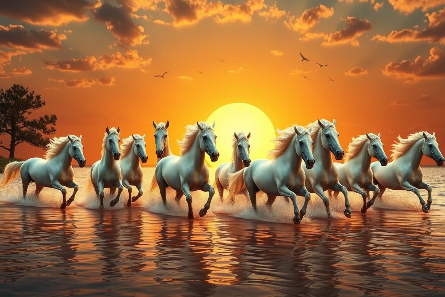 AI generated: Seven white horses running powerfully through shallow water, golden sunset in the background, huge glowing sun, dramatic orange sky with scattered clouds, birds flying above, inten