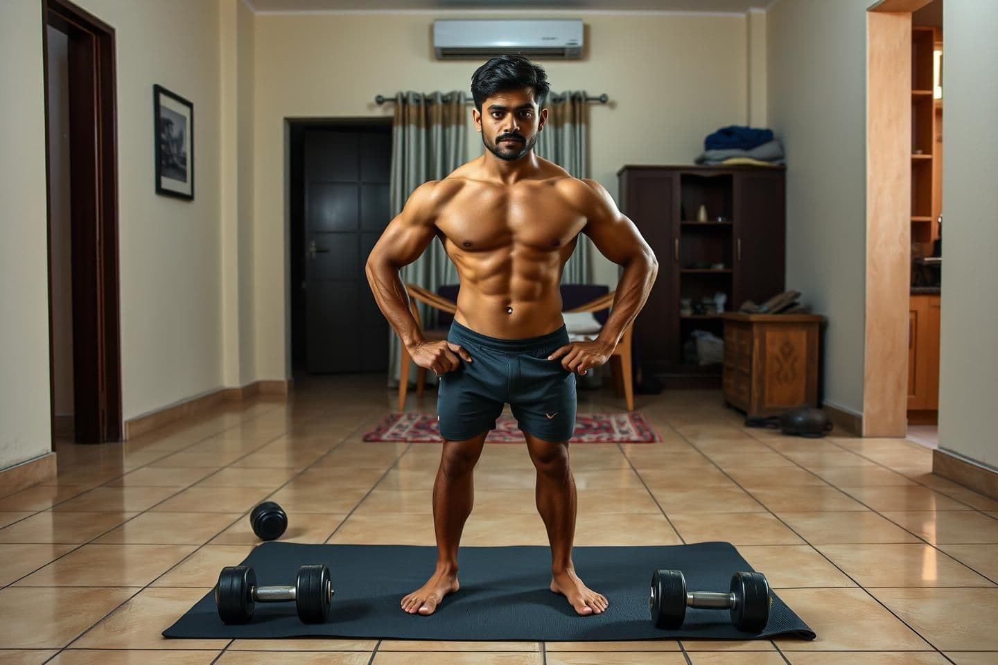 AI generated: Create a stylized fitness transformation image of a man standing in a front-facing pose on an exercise mat in a simple Indian home room with tiled floor, dumbbells on the ground, a